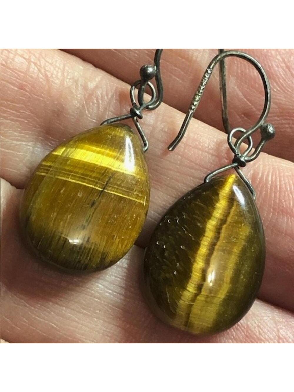 B3698 Sterling Silver ATI 925 Tiger's Eye Teardrop Dangle Earrings ~1.5" Drop